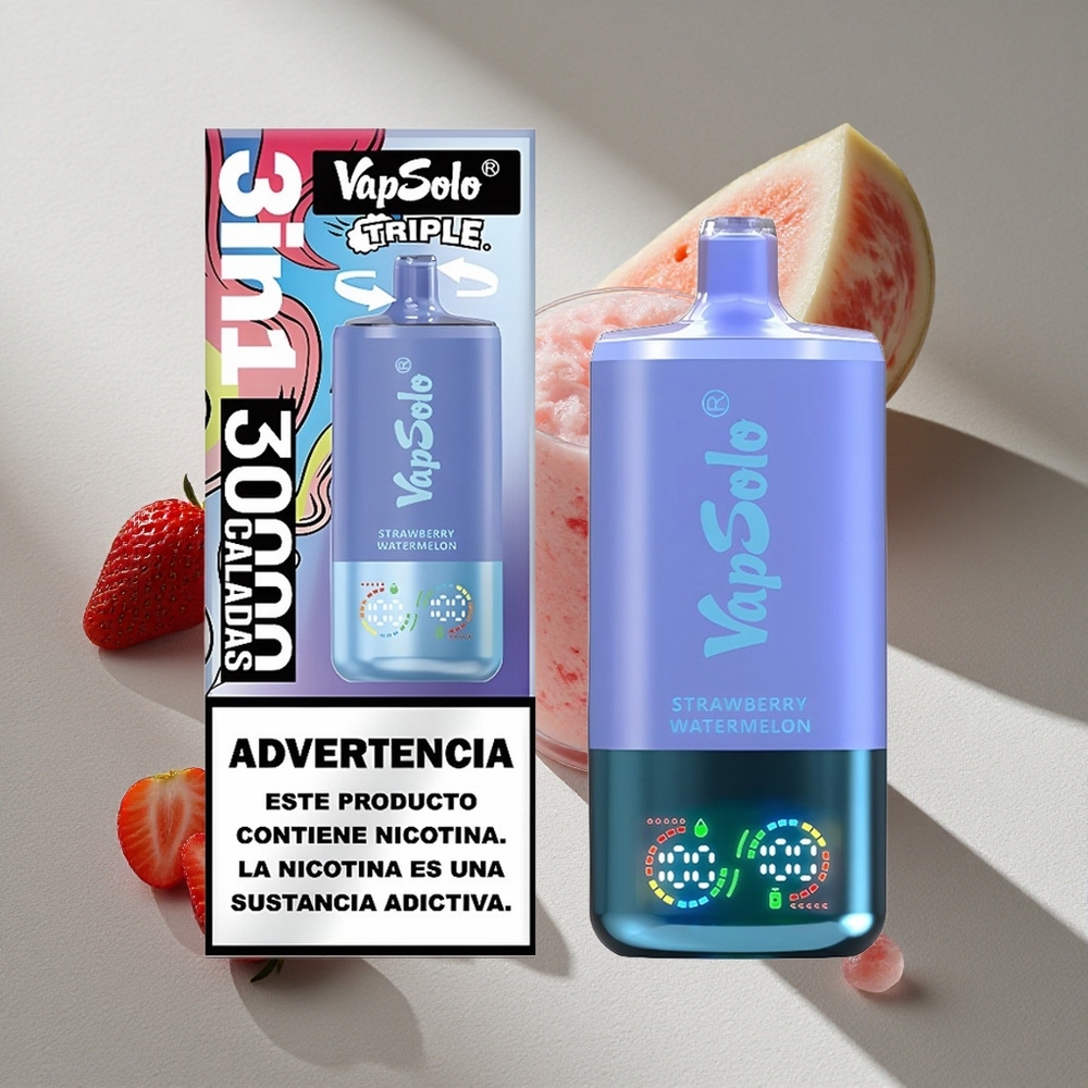 VapSolo Triple 30000 Puffs Strawberry Watermelon & Blueberry Ice Disposable Vape with Type-C Charging Australia Wholesale