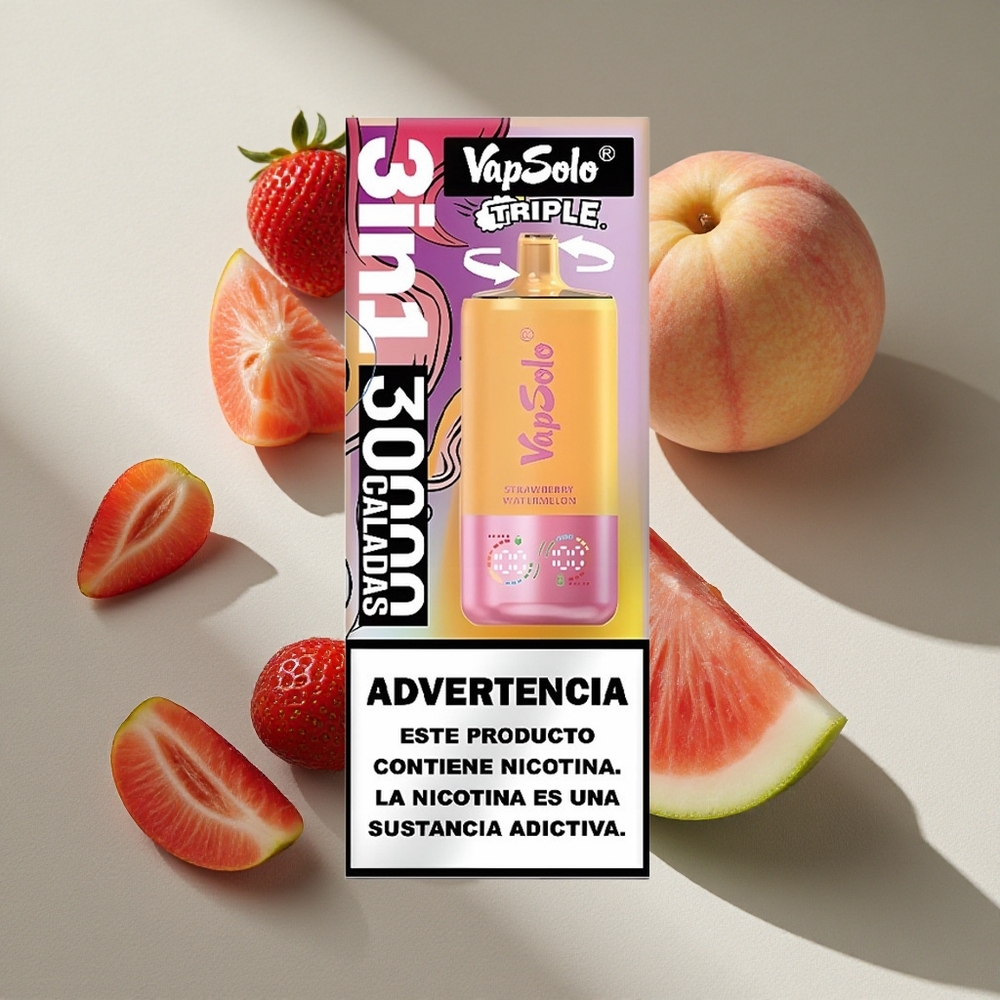 VapSolo Triple 30000 Puffs Strawberry Watermelon & Lemon Peach 40ml Type-C Australia Wholesale